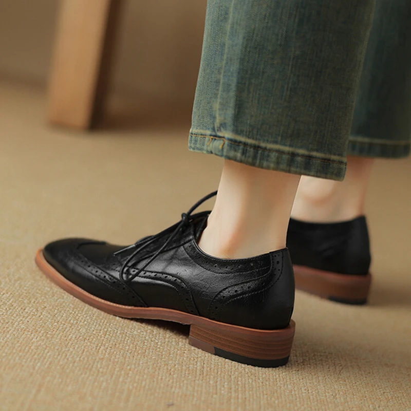 NEW Spring/Autumn Women Oxfords Split Leather Shoes for Women Brogues Vintage Lace up Loafers Handmade Black Plus Size Shoes