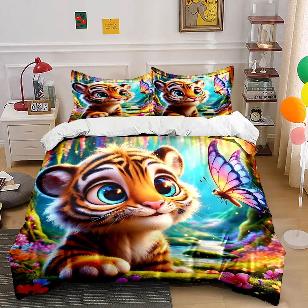 Adorable tiger cub meets colorful butterfly Print Soft Comfortable Duvet Cover Bedding Set Included 1*Duvet Cover 2*Pillowcases