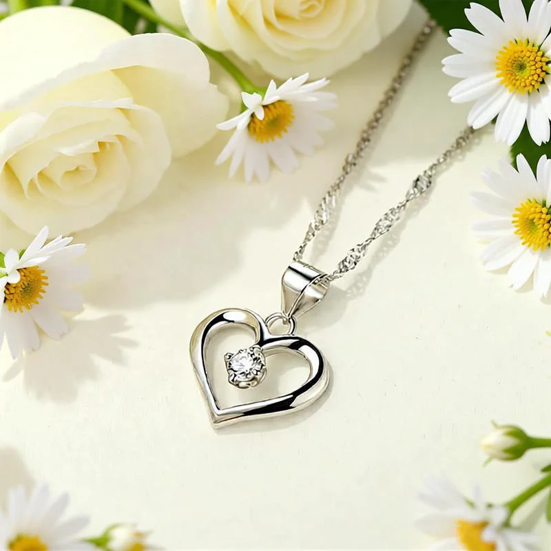 Romantic 925 Sterling Silver Heart Shape Crystal Cubic Zircon Pendant Necklaces for Women Girls Engagement Party Jewelry Gifts