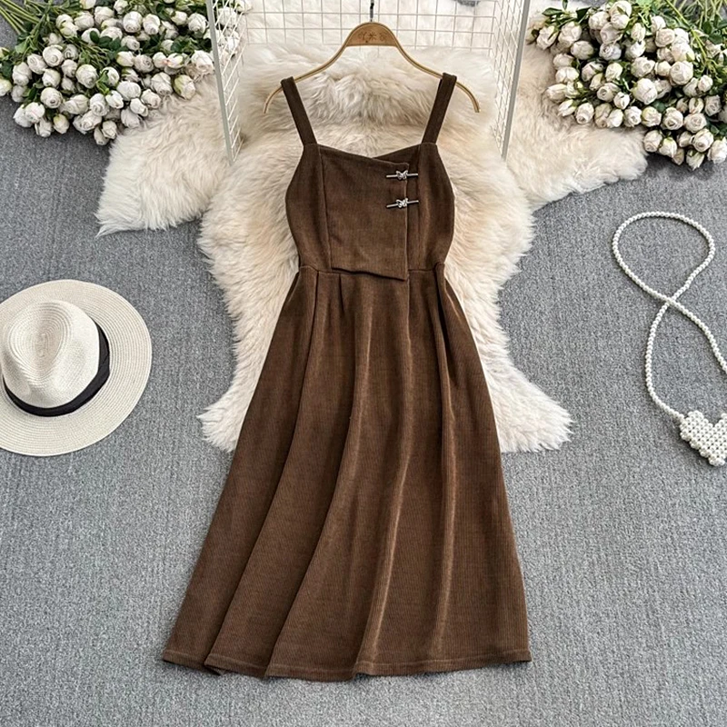 Casual Spaghetti Strap Long Dress Women Spring Autumn Corduroy Dress Streetwear Sleeveless Elegant Sundress