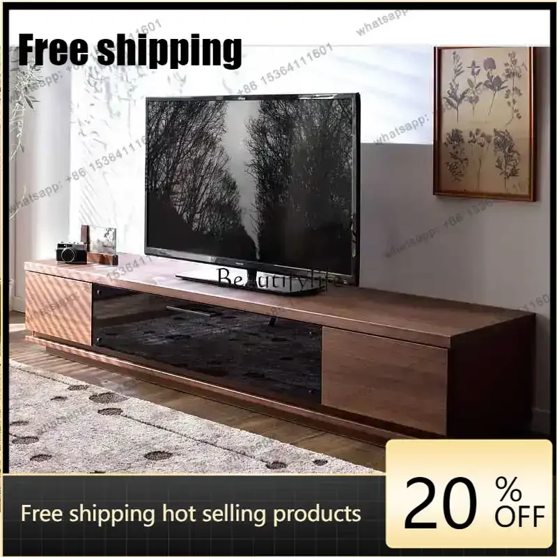 JJ Black Walnut TV Cabinet Nordic Simple White Oak Glass Audio-visual Cabinet