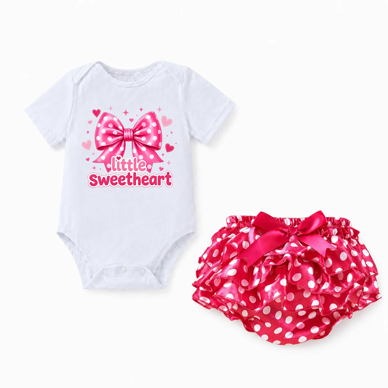 Newborn Baby Girl 2Pcs Outfit Little Sweetheart Bow Print Short Sleeve Bodysuit Pink Polka Dot Ruffle Shorts Summer Infant Cotto