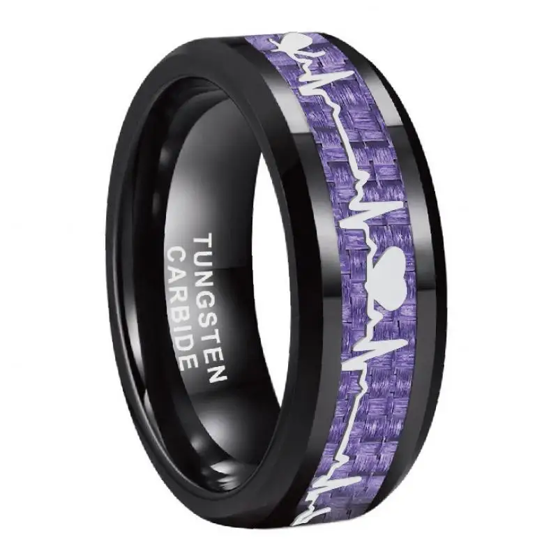 8MM Fashion Men Black Purple Carbon Fiber Heart Inlay Tungsten Carbide Engagement Rings Wedding Bands Domed Polished Comfort Fit