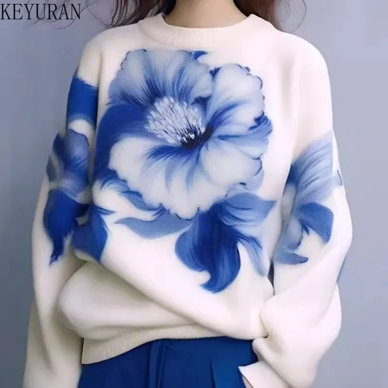 Womens White Seahorse Hair Printed Blue Flower Sweater Vintage Elegant Loose Pullover Knit Tops Women Clothing Sueter Mujer Pull