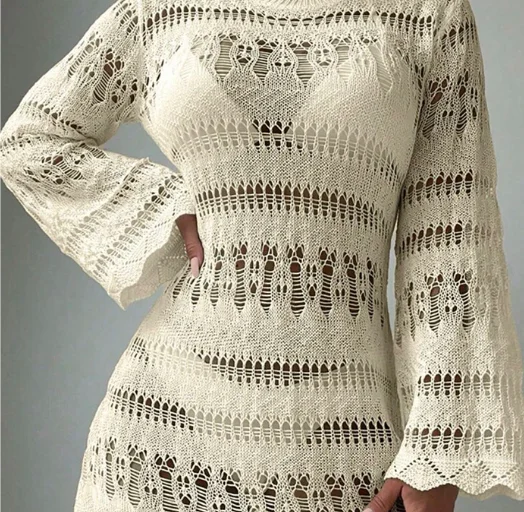 

2026 New Fashion Hollow Slim Knitted Sweater Dresses Women Spring Sexy Elegant Solid Color Round Neck Dress For Women