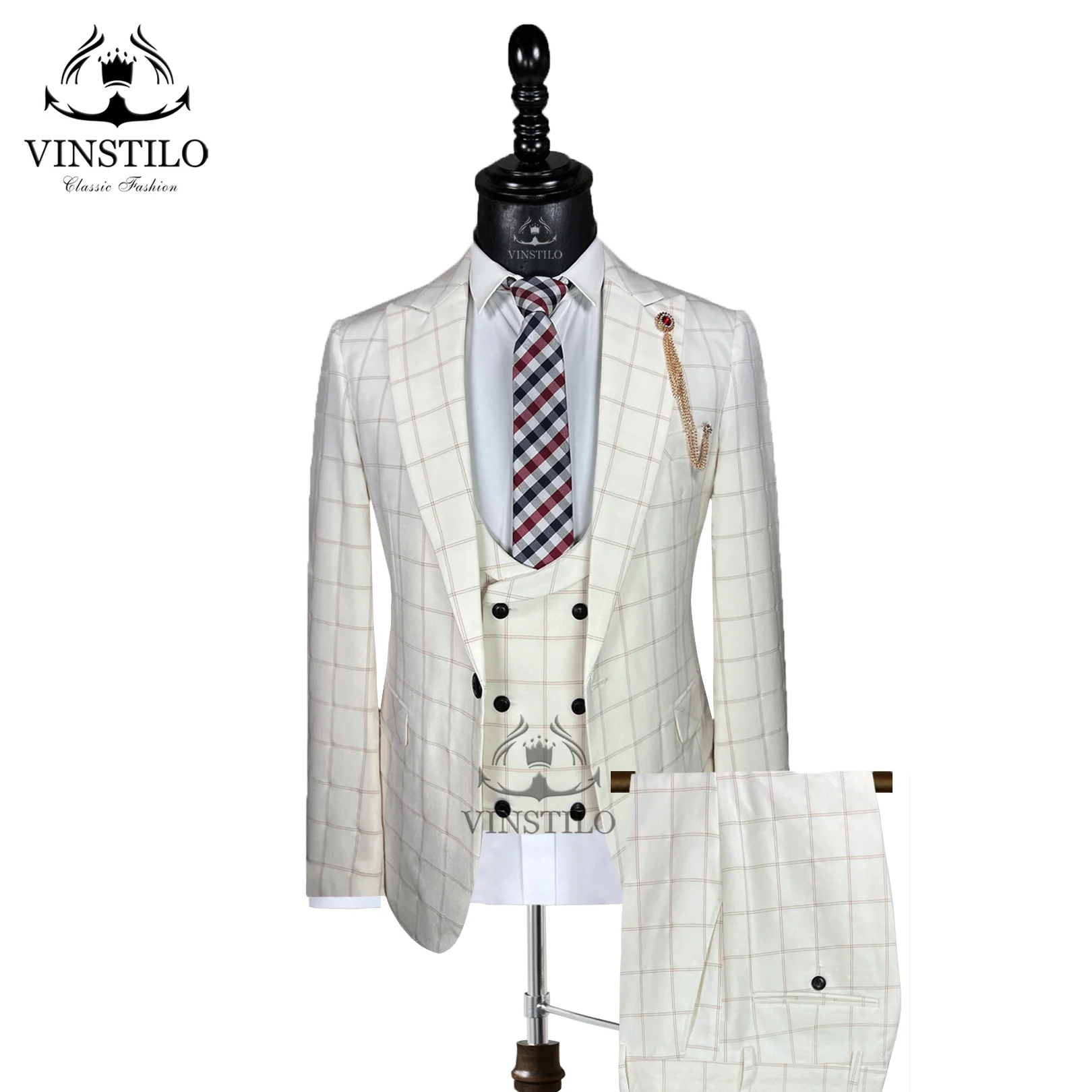 

VINSTILO Suit For Men New Style Elegant White Plaid Groom Wedding Dress Three Piece Party Casual Design Custom Good Material Set