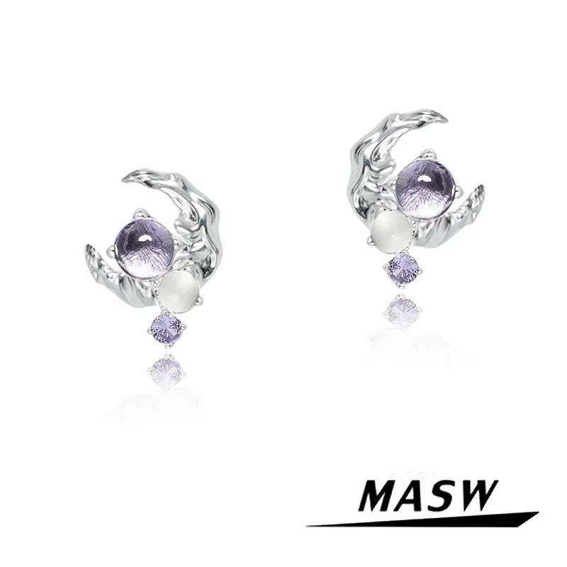 

MASW Original Design Elegant Jewelry Senior Sense Purple Glass Thick Silver Plated Moon Earrings For Women 2024 Trend New