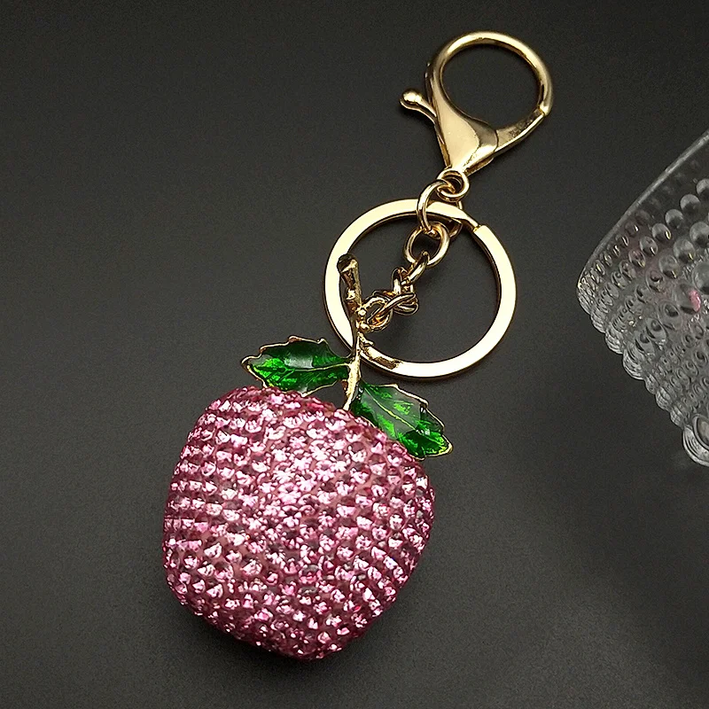Sweet Apple Fruit Keychain For Women Men Stainless Steel Full Crystal Red Blingbling Bag Pendant Keyring Jewelry Christmas Eve
