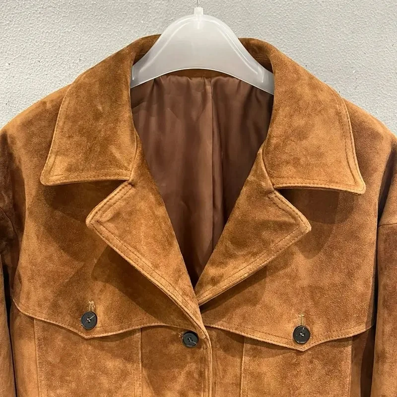 Giacca in pelle di agnello naturale per donna 100% vera pelle scamosciata tasche retrò marrone cappotto da donna maniche lunghe Chaquetas Mujer