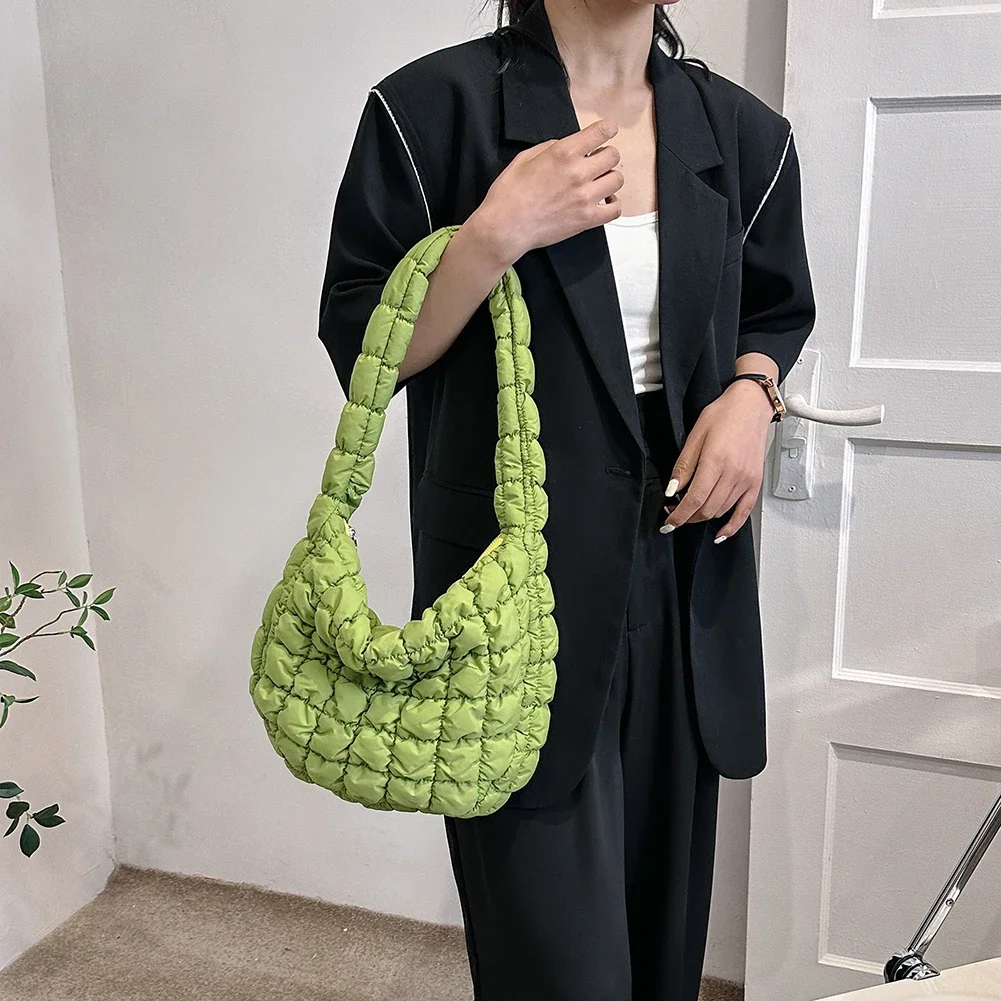 Lattice Pattern Shoulder Bag Pleated Bubble Crossbody Bag for Women Casual Tote Bag Travel Shopping Fashion Simple Nylon Bag