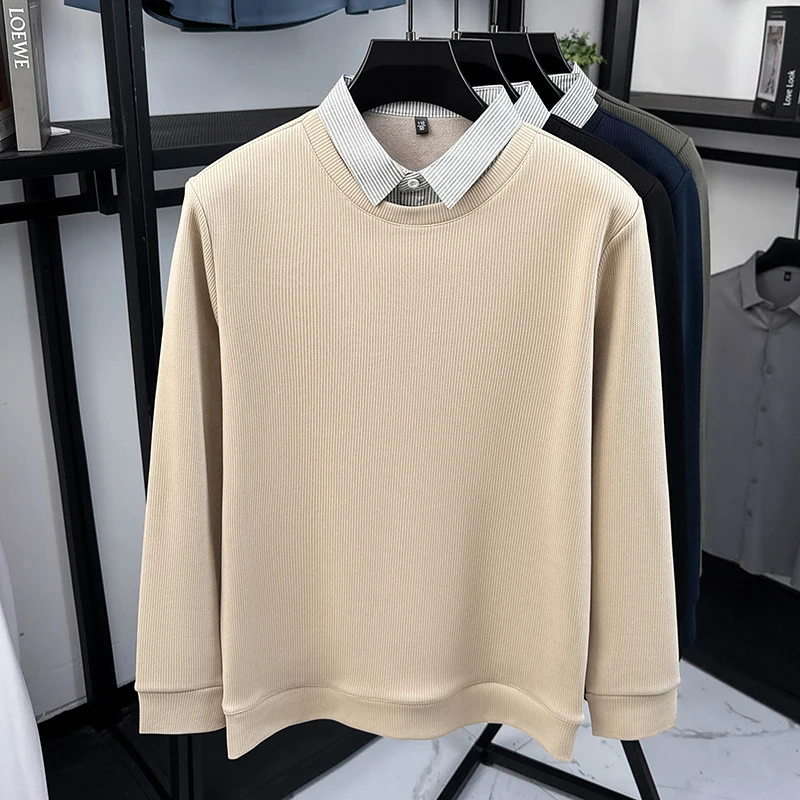

Light luxury men's fashion shirt collar sweater high-quality fake two pieces autumn winter plush warm pullover new casual top