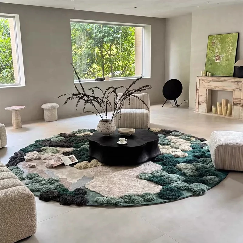 Vintage Dark Color Moss Round Carpet Handmdade Thick Round Floor Rug Wool Soft Bedside Thick Mat Girl Bedroom Cloakroom Rugs