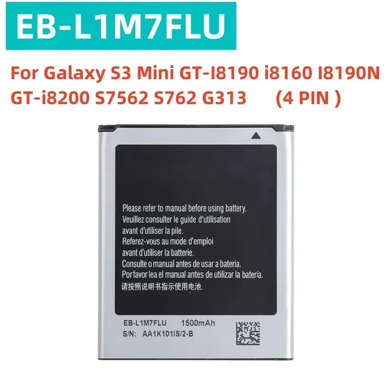 

EB-L1M7FLU EB-F1M7FLU 1500mAh Battery For Samsung Galaxy S3 Mini GT-I8190 i8160 I8190N GT-i8200 S7562 G313 3PIN 4PIN﻿
