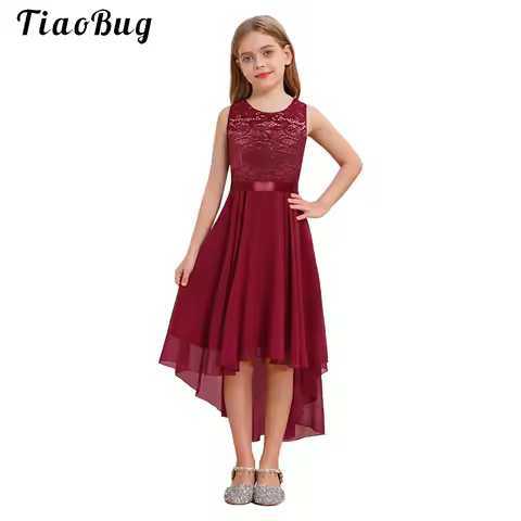 Lace Flower Girls Dress Summer Sleeeveless High Low Chiffon Princess Dress for Elegant Evening Party First Communion Bridesmaid