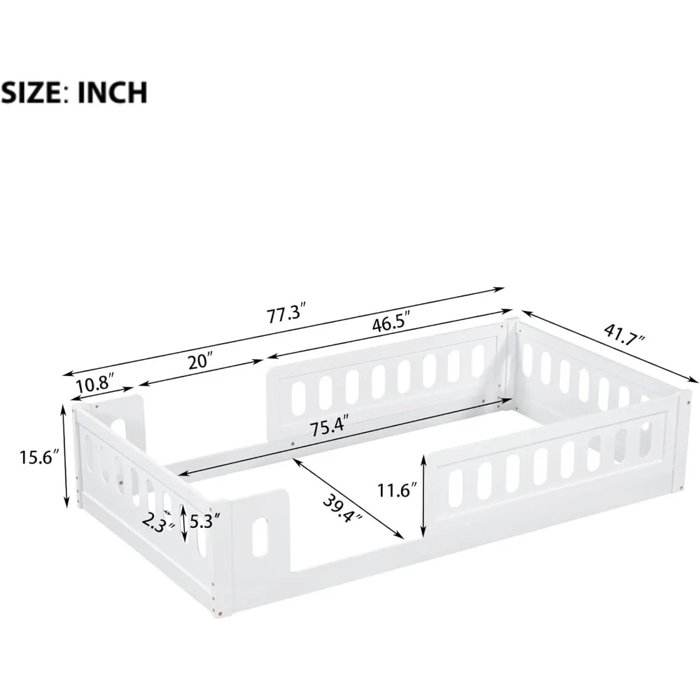 سرير أطفال من مونتيسوري ذو أرضية مزدوجة مع حاجز أمان خشبي عالي، أبيض