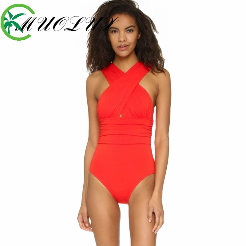 2024 Populair effen kleur damesbadpak Sexy diepe V-kruisband Eendelig badpak Bikini badmode Strandbadpak bodysuit