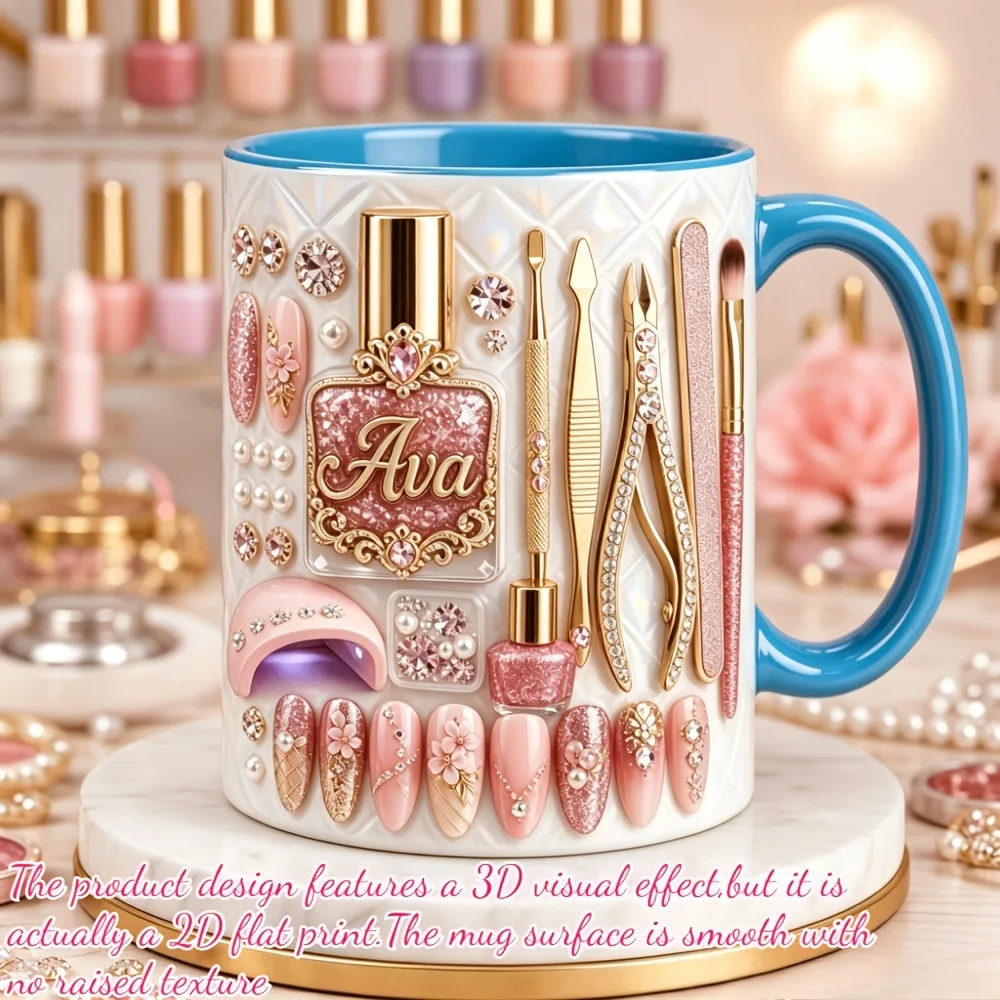 Koffiemok met keramische print, thema nagelstylist, 2D platte print nagellak manicure gereedschap patroon, origineel cadeau voor nagelartiest