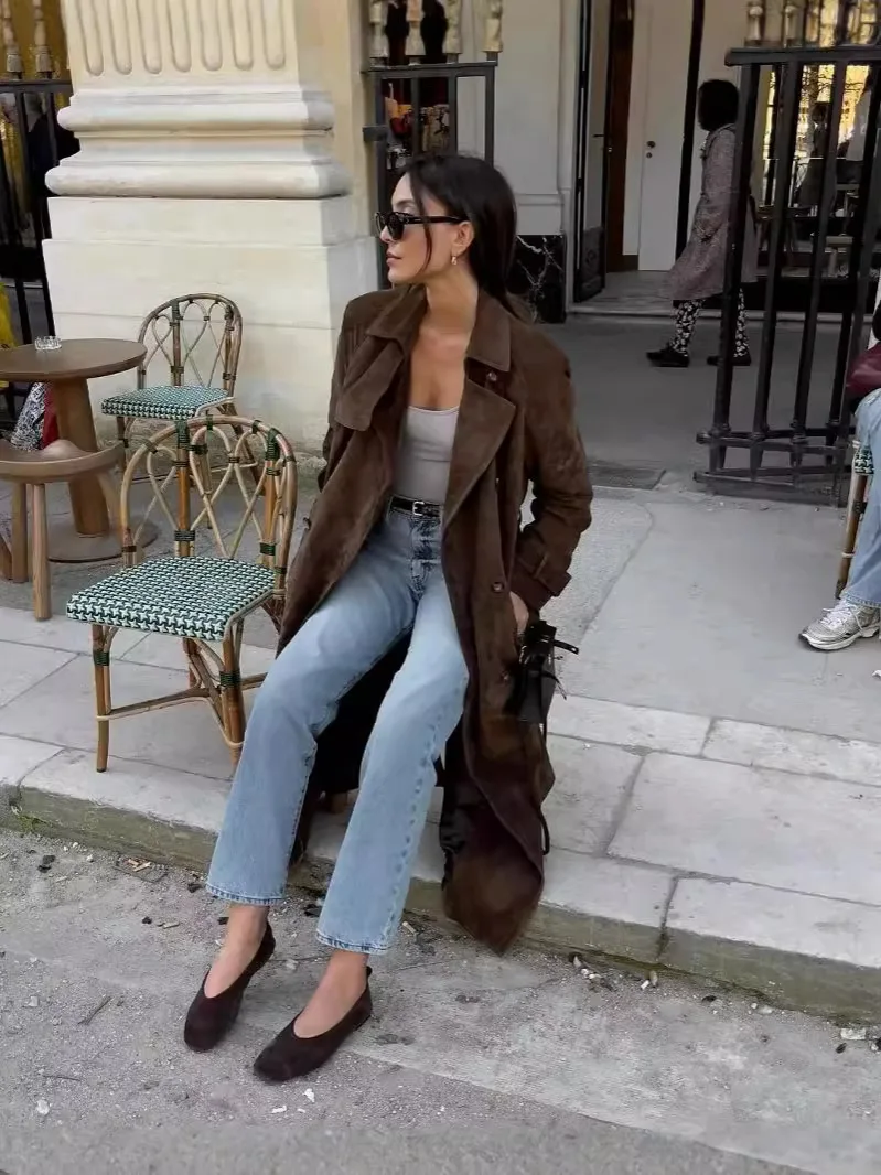 Suede Textured Fabric Long Trench Coat With Lace-Up Belt, Women's Velvet Dark Brown Loose Casual Autumn/Winter Double-Breasted C