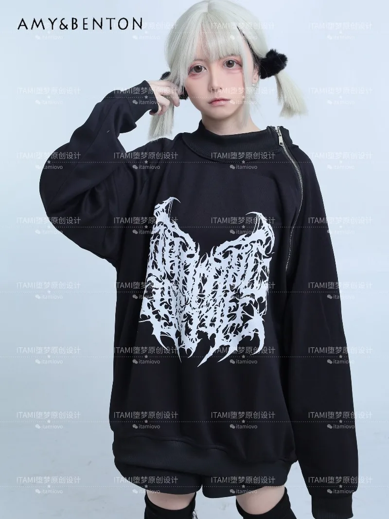 

Subculture Gothic Print Round Neck Mid-Length Sweatshirt Japanese Mine Series Mass-Produced Long Sleeve Oversized Hoodies Women