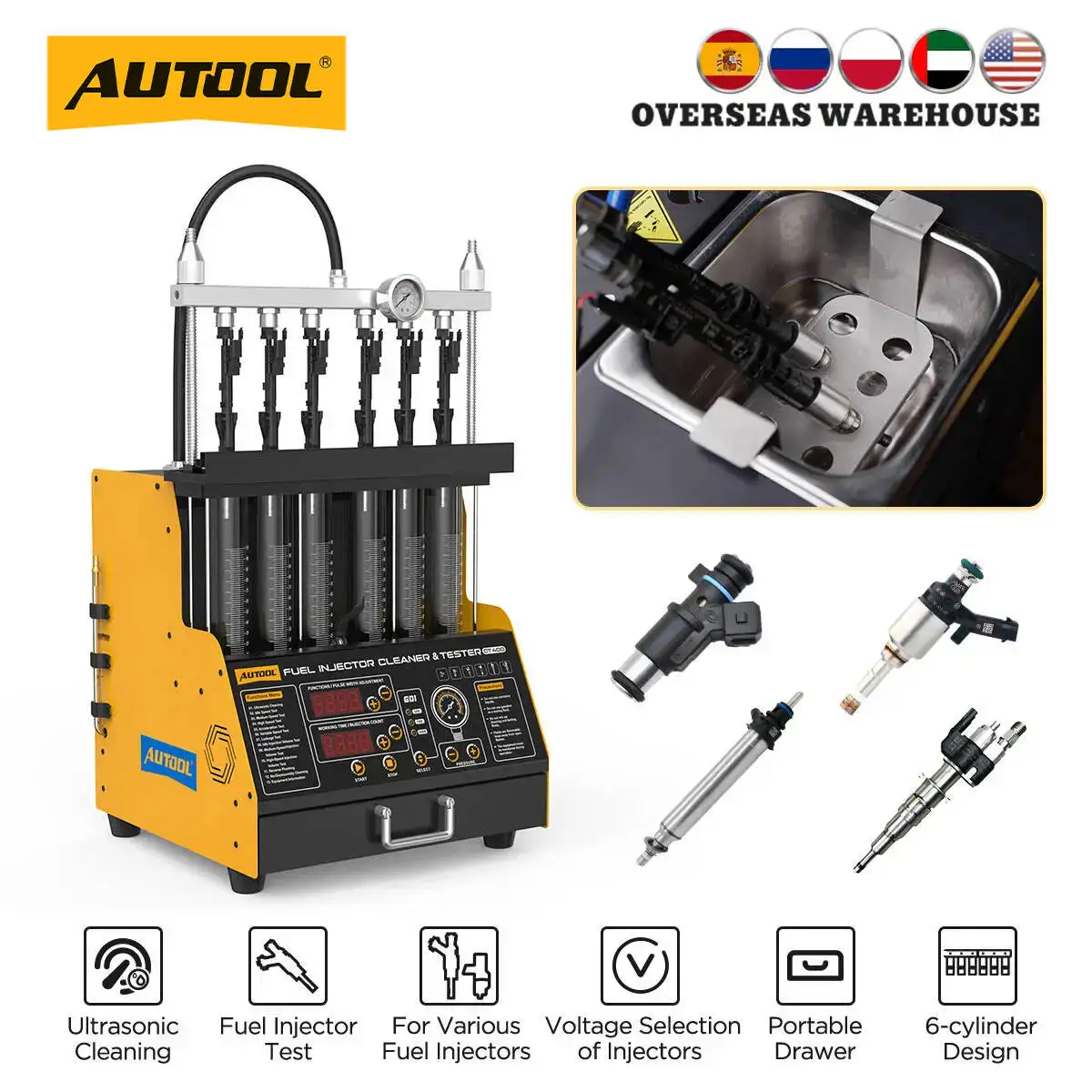 AUTOOL CT400 Fuel Injector Cleaner & Tester Machine 6‑Cylinder 110V US Plug Ultrasonic Cleaning for GDI EFI Piezoelectric Fuel Injectors Flow Leakage Spray Pattern Test Auto Garage Shop Tool