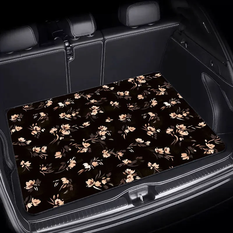 1pc Car Trunk Mat, Measuring 75X100, Featuring A Floral Design With Light Peach Flowers And Greenish-Brown Leaves On A Dark Back