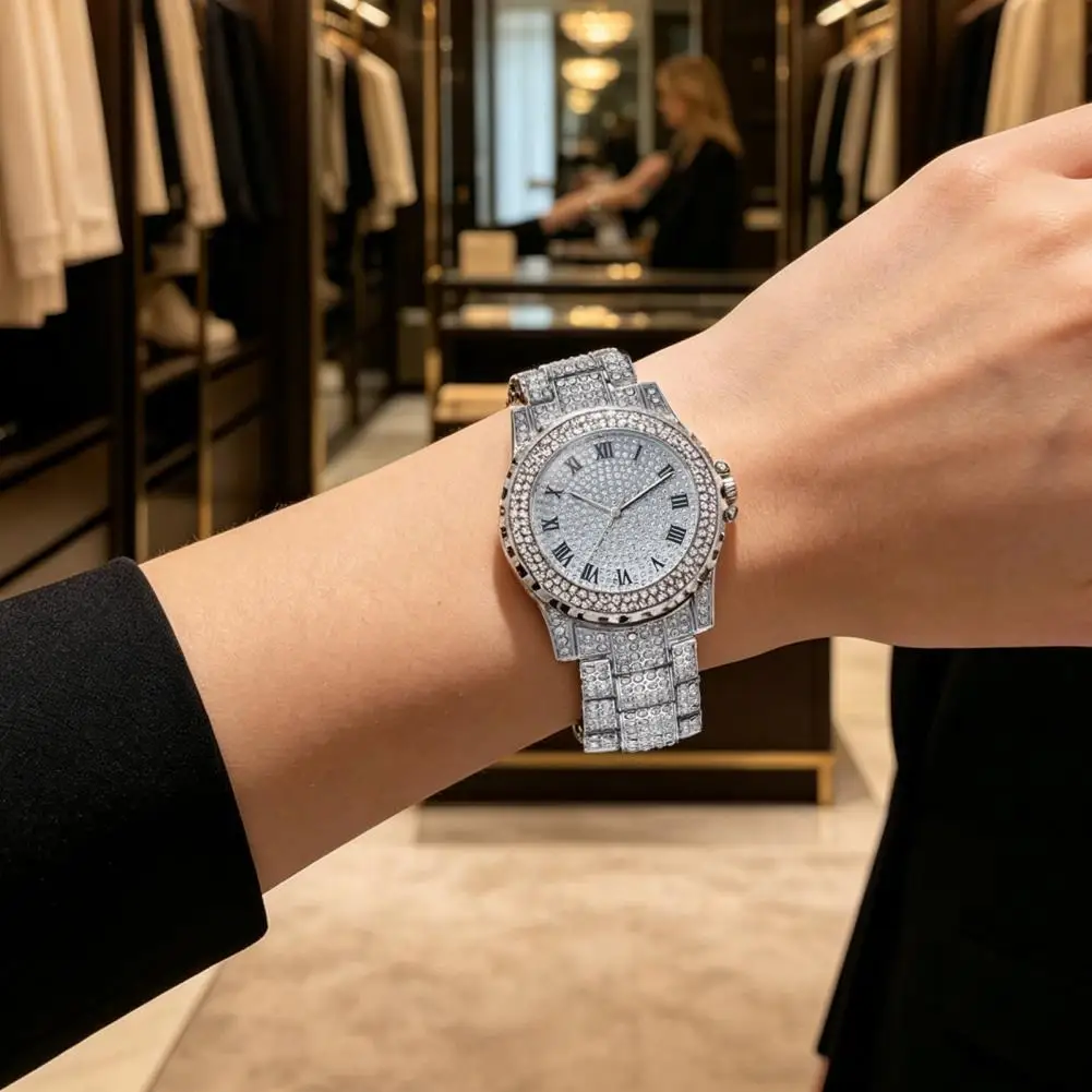 Women Quartz Watch Ladies Watch Women's Rhinestone Bracelet Watch Alloy Roman Numerals Quartz Timepiece Densely Set for Office