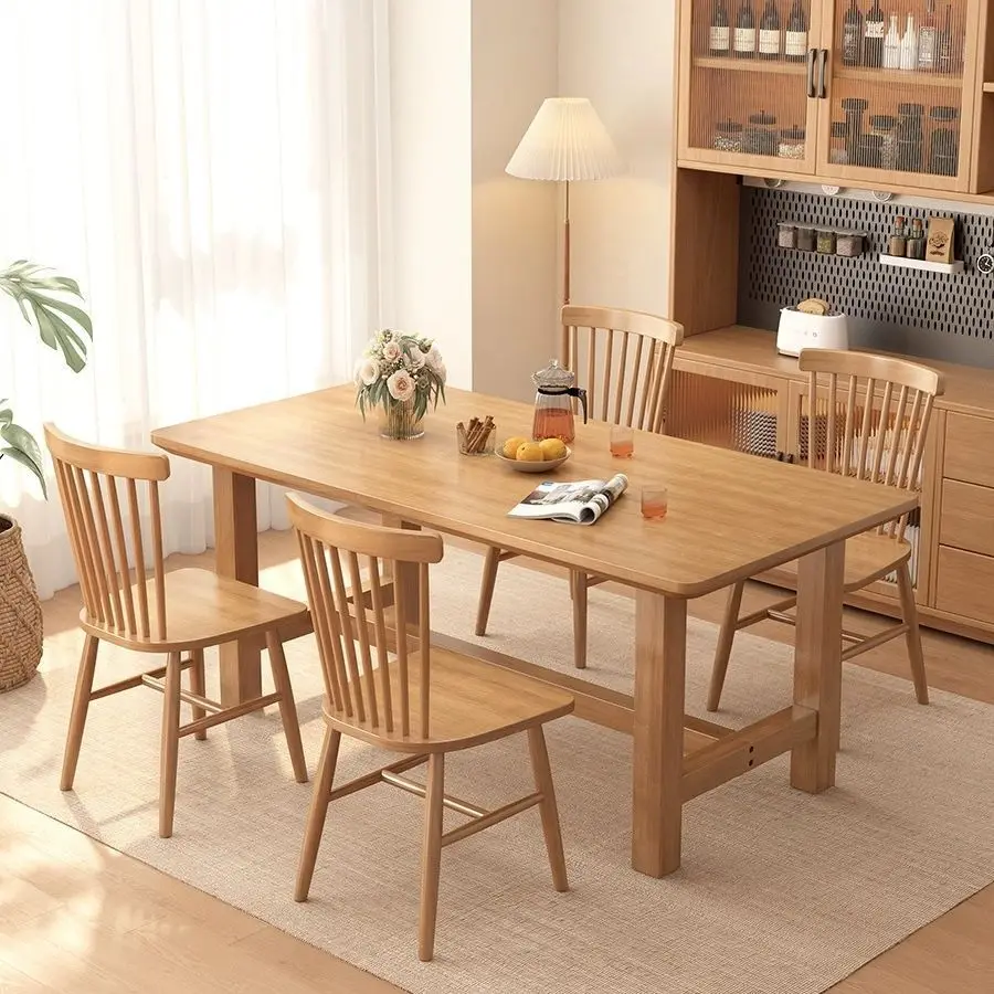 Solid wood dining table and chairs, folk dining room, rectangular wooden dining table, study desk