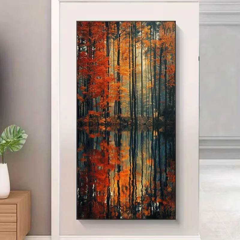 [2D Flat] 1-Pc 2D Flat 2D Plane, 2D Canvas Painting Depicting a Vibrant Autumn Forest Lake Art - Unframed 23.62X47.24 Inches, Mo