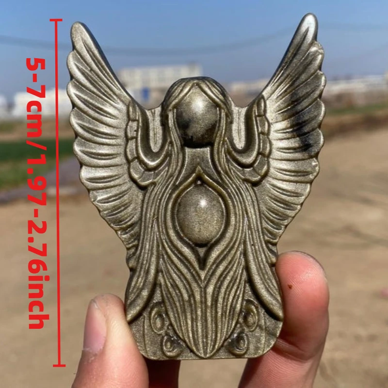 Natural Silver & Golden Sheen Obsidian Angel Figurine, Hand Carved Stone Angel Statue, Desktop Home Decor Collectible Gift