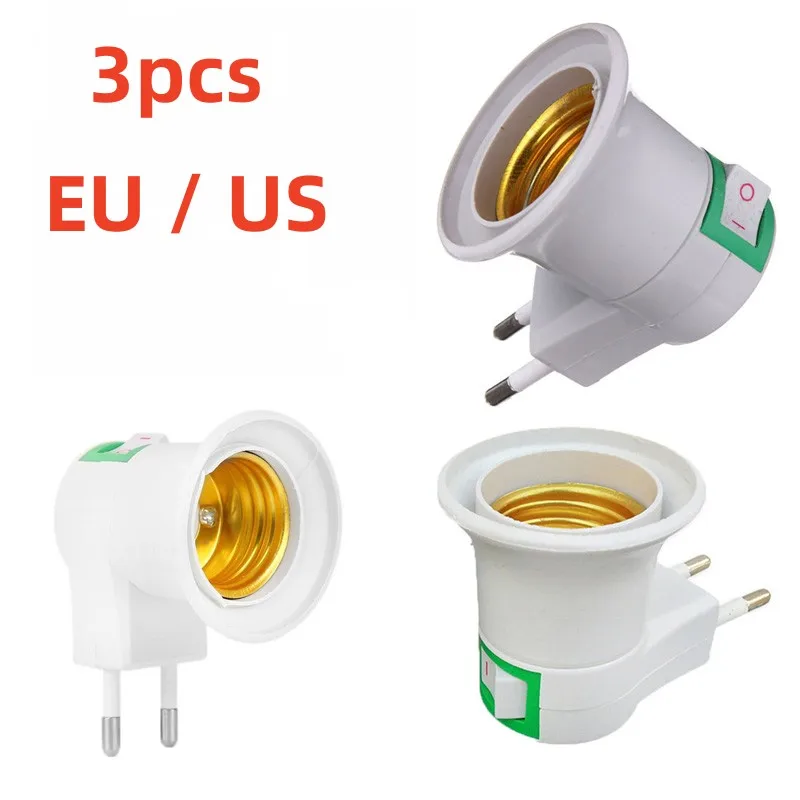 1-3PCS E27 LED Light Socket  White Lamp Holder To EU Plug/US Plug Holder Adapter Converter ON/OFF for Bulb Lamp