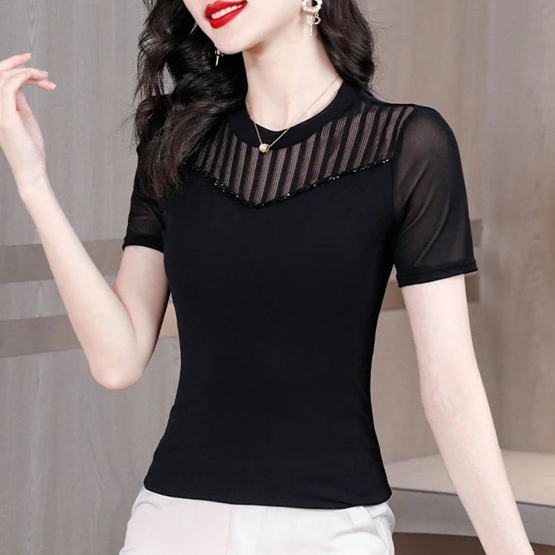 Summer New Mesh Bottoming Shirt Women's Short Sleeve Thin round Neck T-shirt Fashion Diamond Lace Top