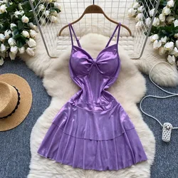 Chic Sleeveless Sweet Glitter Slim Short Ball Gown Straps Dress Elegant Evening Party High Street Vintage Summer Women Clothing