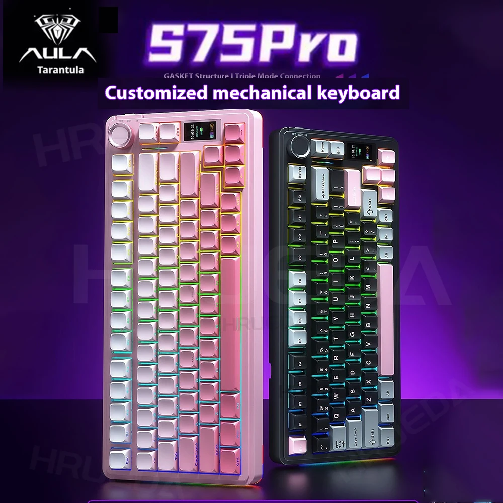AULA S75 Pro Gaming Mechanical Keyboard 75% PBT Keycaps Hot Swappable RGB Backlit 4000mAh Keyboard with LCD Screen Knob