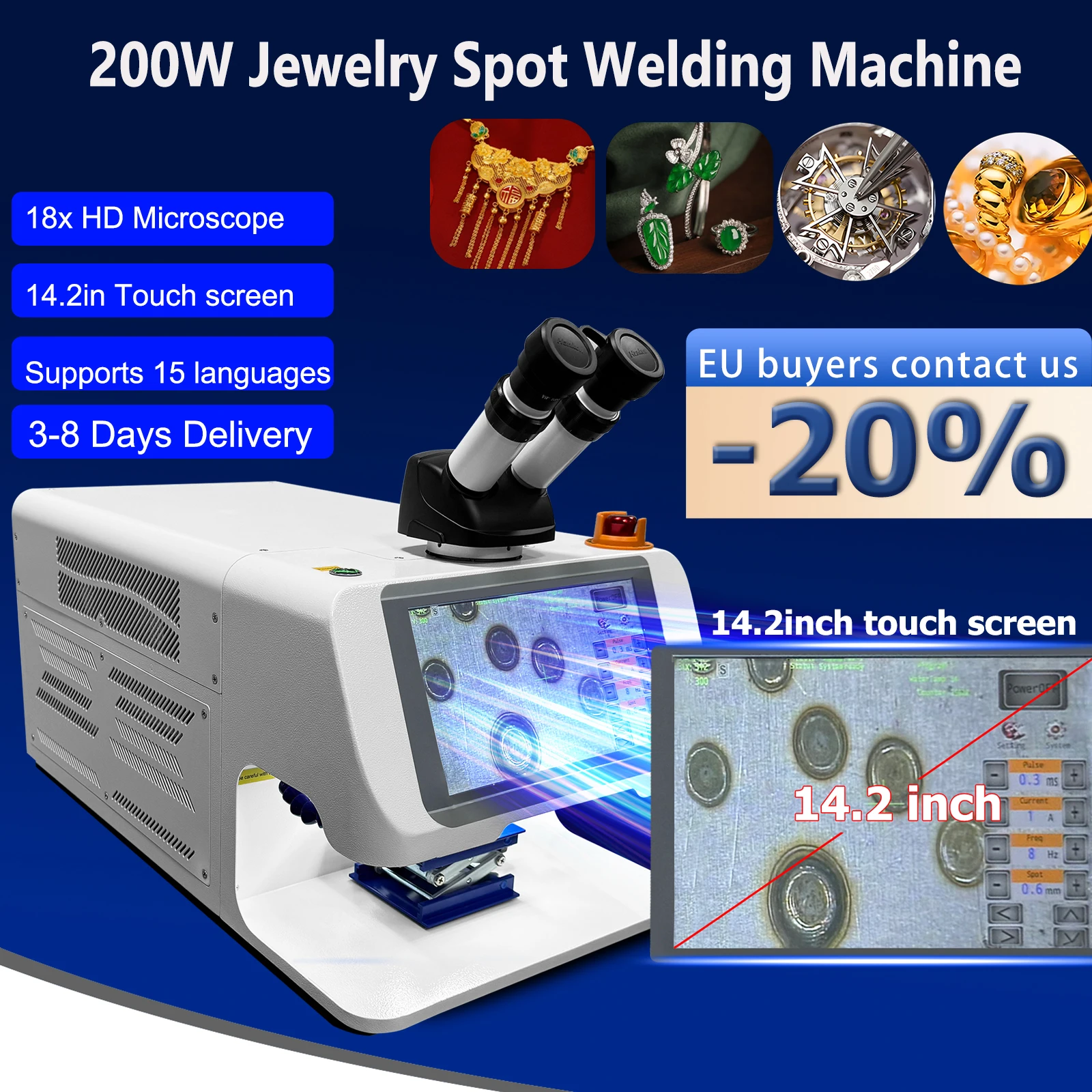 200W Jewelry Spot Welding Machine 14.2inches Touch Screen Laser Soldering With CCD YAG 18x Microscope for Gemstone Fast Ship