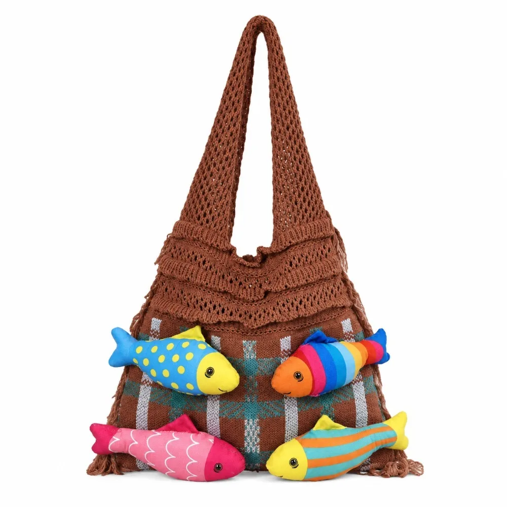 Fringed Knitted Fish Tote Bag Openwork Spacious Crochet Shoulder Bag Fish Decor Lightweight Woven Handbag Commuting Shopping