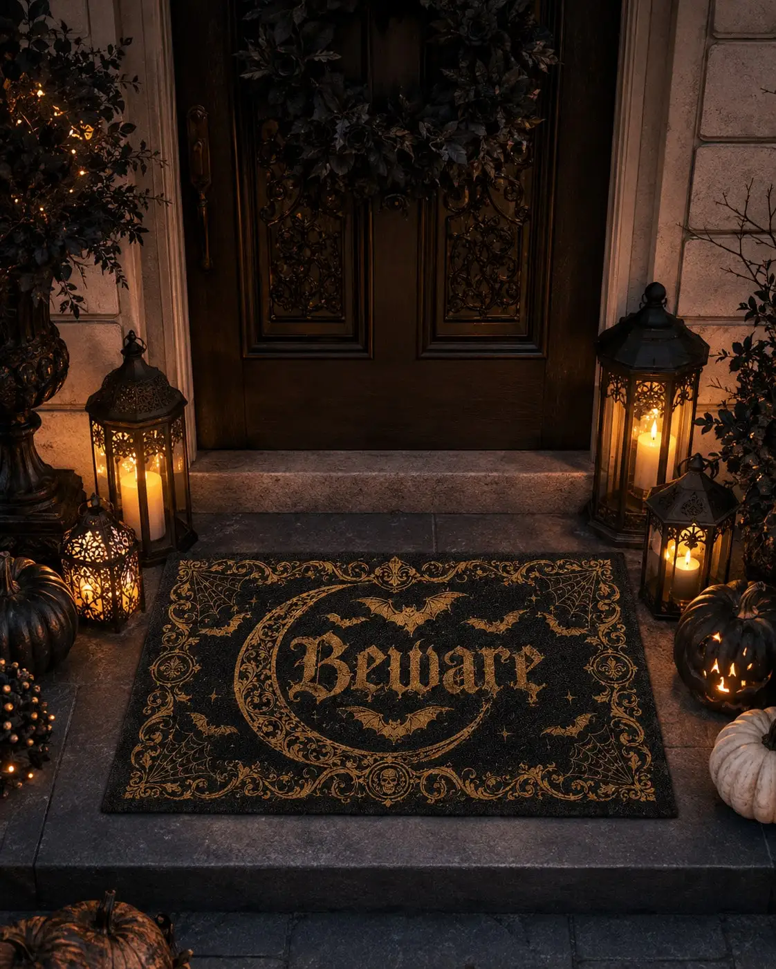 Halloween Doormat Beware Bat Crescent Moon Skull Spider Web Scroll Letter Pattern Front Entrance Porch Patio Indoor Outdoor Kitchen Bathroom Living Room Hallway Haunted House Holiday Decor Trick Or Treat Party Housewarming Gift Autumn Seasonal