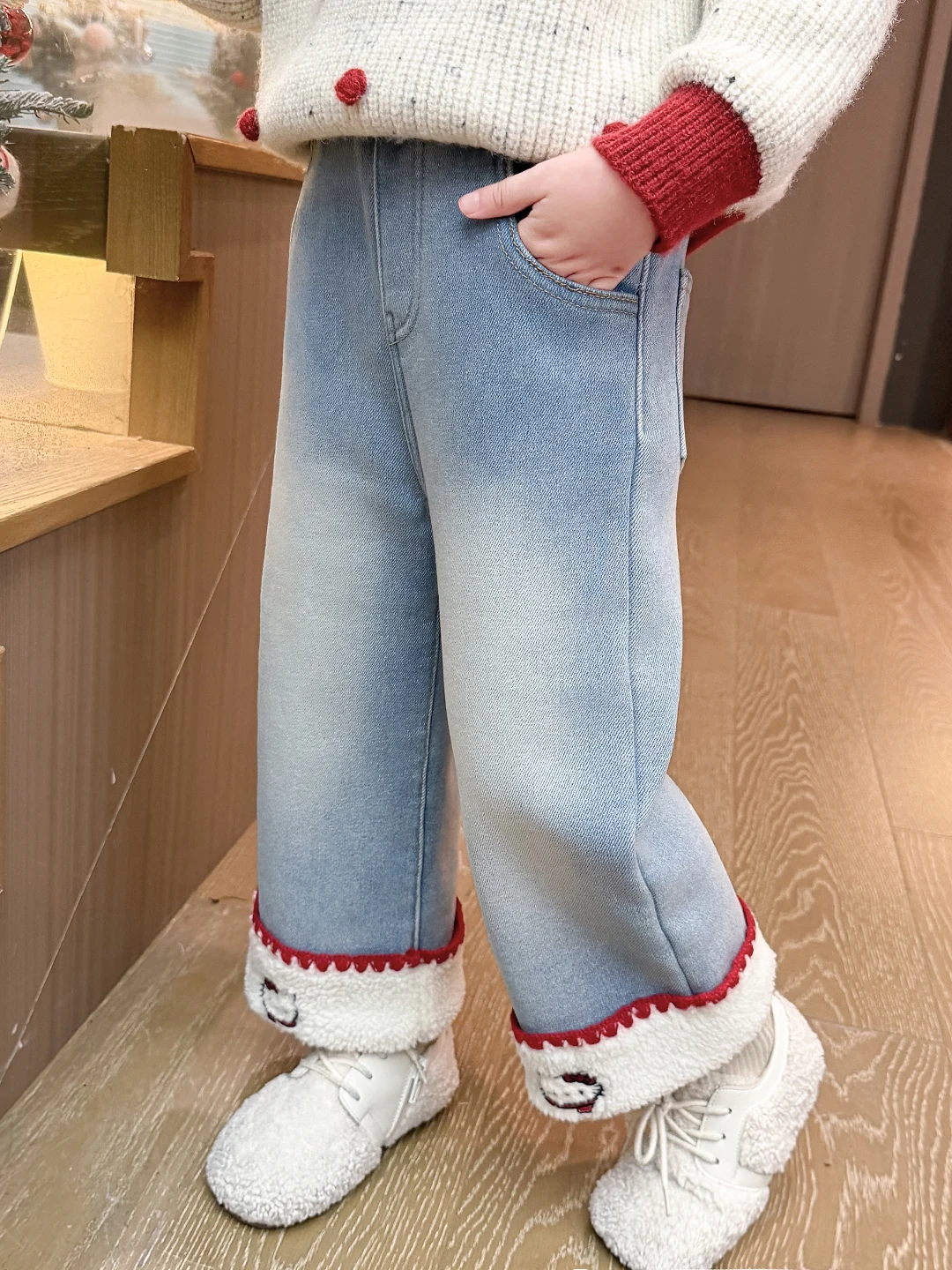 Trendy meisjes winterjeans asymmetrische hoge taille lange broek Fce gevoerde warme oorverzwakte casual broek met rechte pijpen