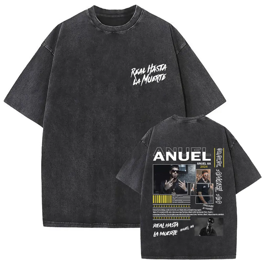 

Washed Vintage Anuel AA Real Hasta La Muerte T Shirt Men's Fashion Hip Hop Tshirt Men Women Casual 100% Cotton Oversized T-shirt