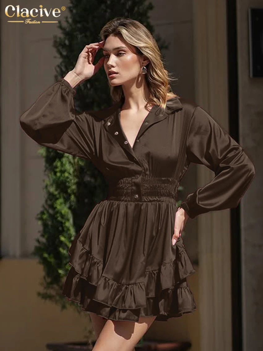 Clacive mode ample rose Satin femmes robe 2025 décontracté revers à manches longues Mini robes élégant classique plissé femme robe