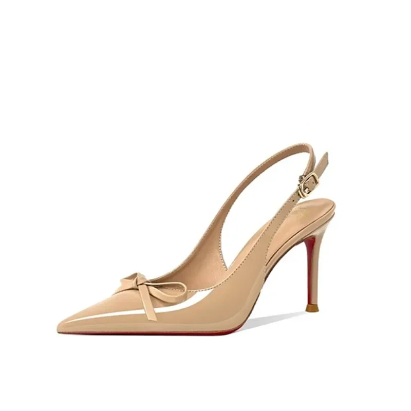 

Spring Summer Shoes with Bow Elegant Women Red Bottom Slingback Nude Black High Heel Sandals with Bowknot Genuine Leather Shoes