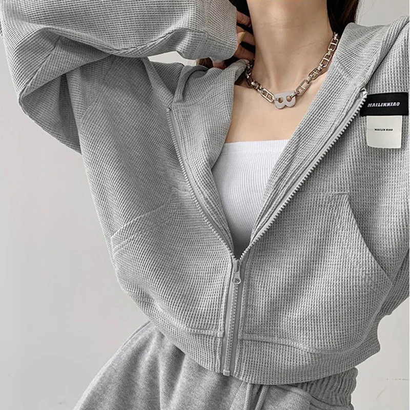 Rimocy Streetwear Y2K Sexy Cropped Hoodies Women Autumn Hooded Short Sweatshirt Woman Korean Long Sleeve Zipper Up Jacket Mujer