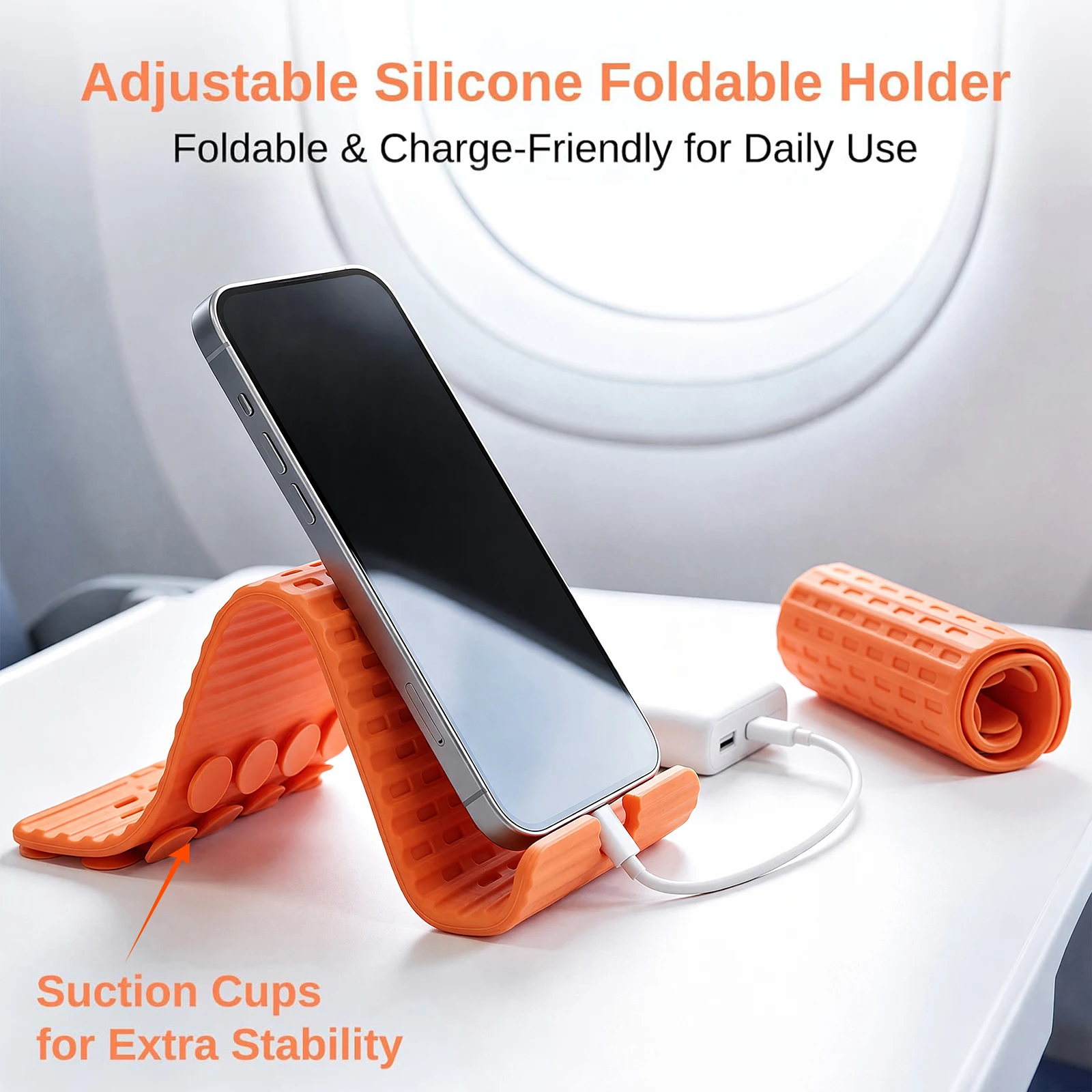 Flexible Silicone Phone Stand Foldable Suction Cup Rollable Desk Travel Holder Charging Port Bendable