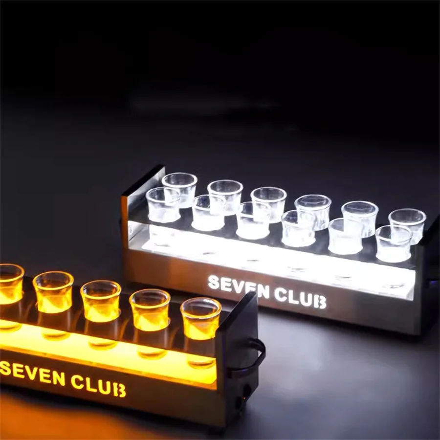 Rechargeable Stainless Steel Lighted 12 Glasses Rack Serving Holder Wine Glass Display Stand LED VIP Shot Glass Service Tray