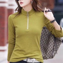 Autumn Winter Zipper Long Sleeve T Shirt Women Korean Style Slim Tshirts Mujer Half High Neck Tops Cotton Solid Tee Shirt Femme