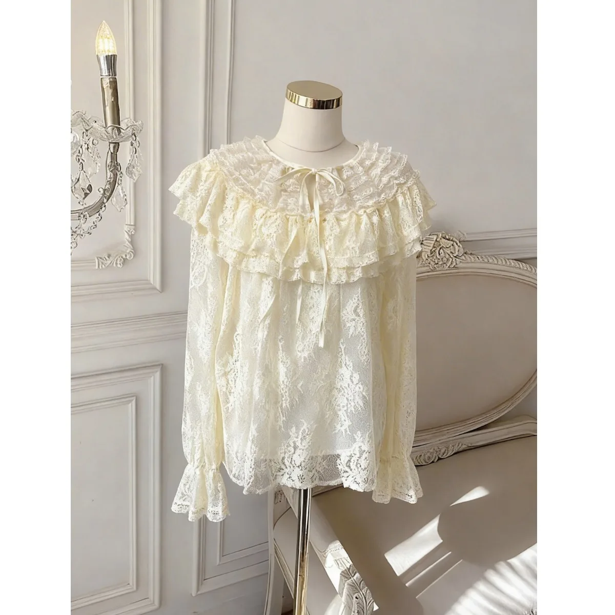 

Fashionable round Neck Long Sleeve Lace Shirt Women's Straight Cut Meat Covering Lotus Leaf Spring New Style All-Match Top