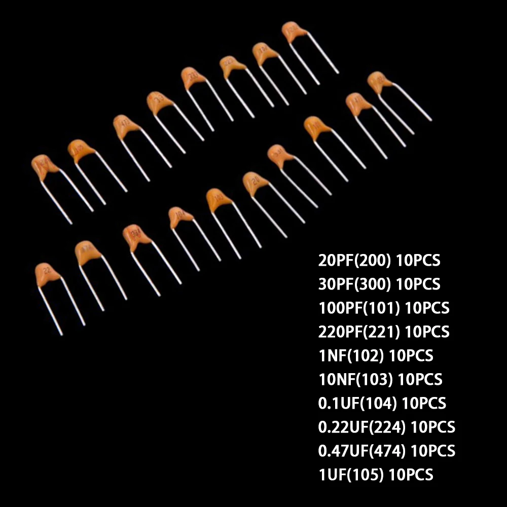 10Values 0.47UF 1UF 10NF 0.1UF  20PF-1UF ​​100PCS Monolithic Capacitor Pack 20PF 30PF 100P 220PF 1NF 0.22UF 0.47UF 1UF  0.1UF