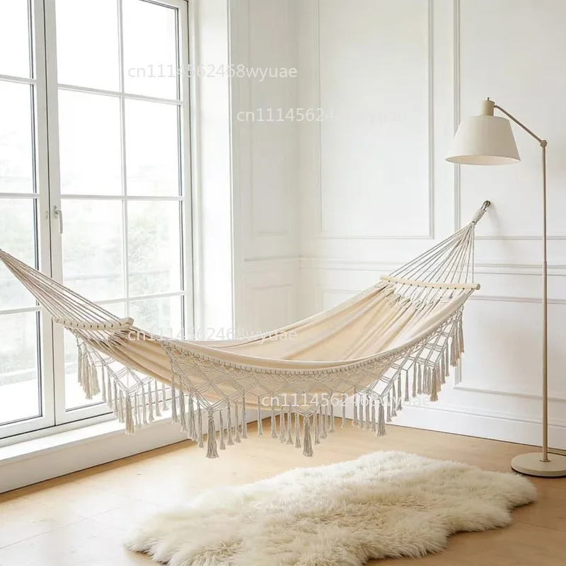 Outdoor Hammock Cotton Rope Hammock for Indoor Camping Hanging Chair with Tassel Bend Bar Portable