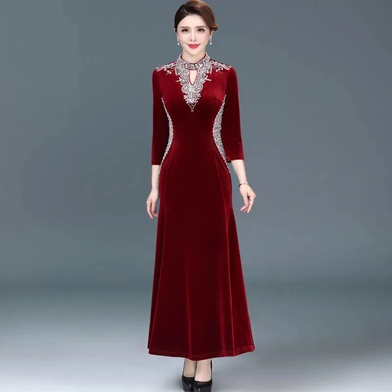 ハイエンドの気質エレガントな女性のチャイナドレス春秋のファッションスリムマーメイドドレス母の結婚式のパーティードレス 6XL