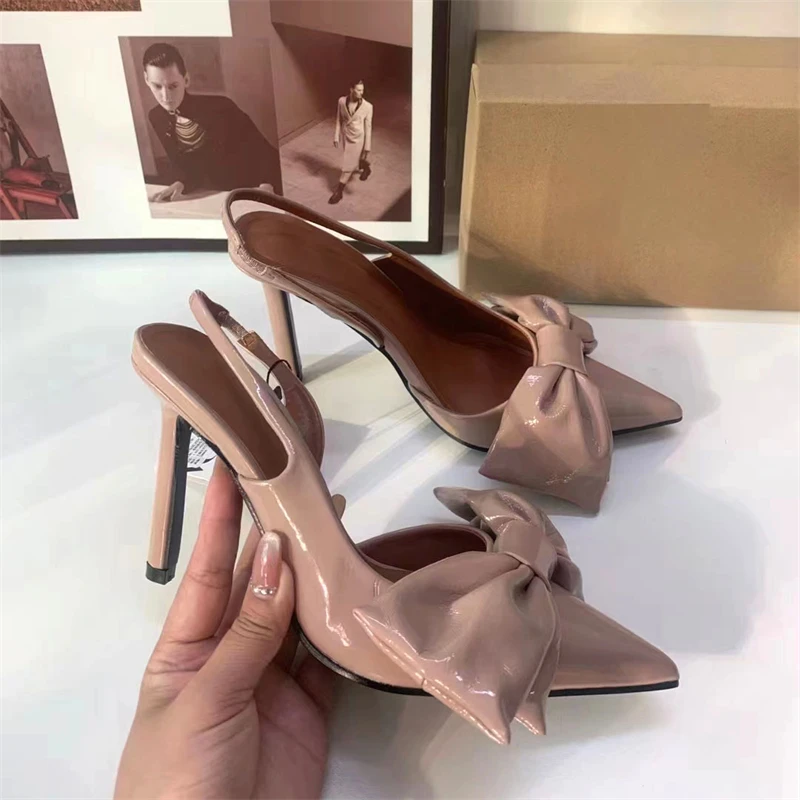 Pink Bow Knoit High Heels Stilettos For Woman Autumn Point Head Thin Heel Slingacks Pumps Women Patent Leather Sandal Shoes New