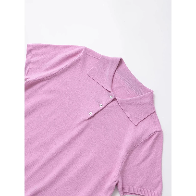 YENKYE New 2025 Women Basic Jersey Polo Collar T Shirt Short Sleeve Front Button Rib Trim Tees Spring Summer Crop Top